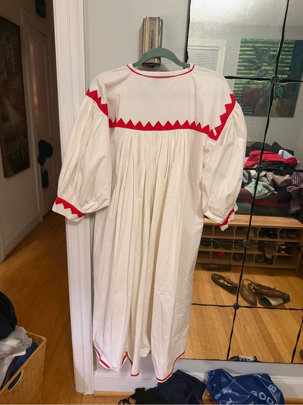 White Cotton Midi Dress with Red Zigzag Trim - Women - Picture 10 of 11